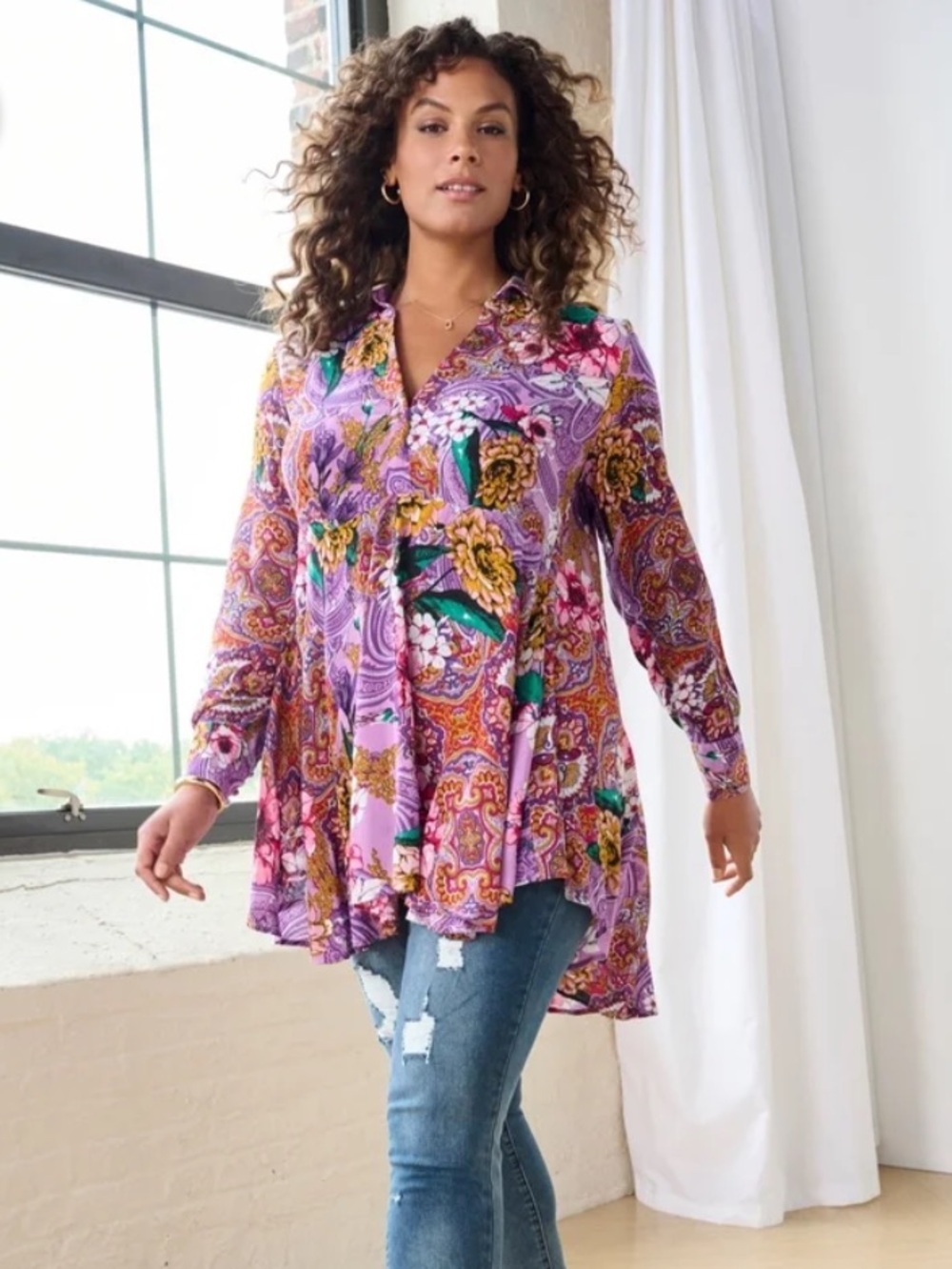 NWT Roaman's Hand Crinkled Fit-and-Flare Tunic in Violet Paisley Garden Pattern